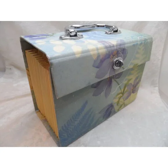Accordion Style Recipe Card Storage Box With Floral Design & Metal Handle - Picture 2 of 6